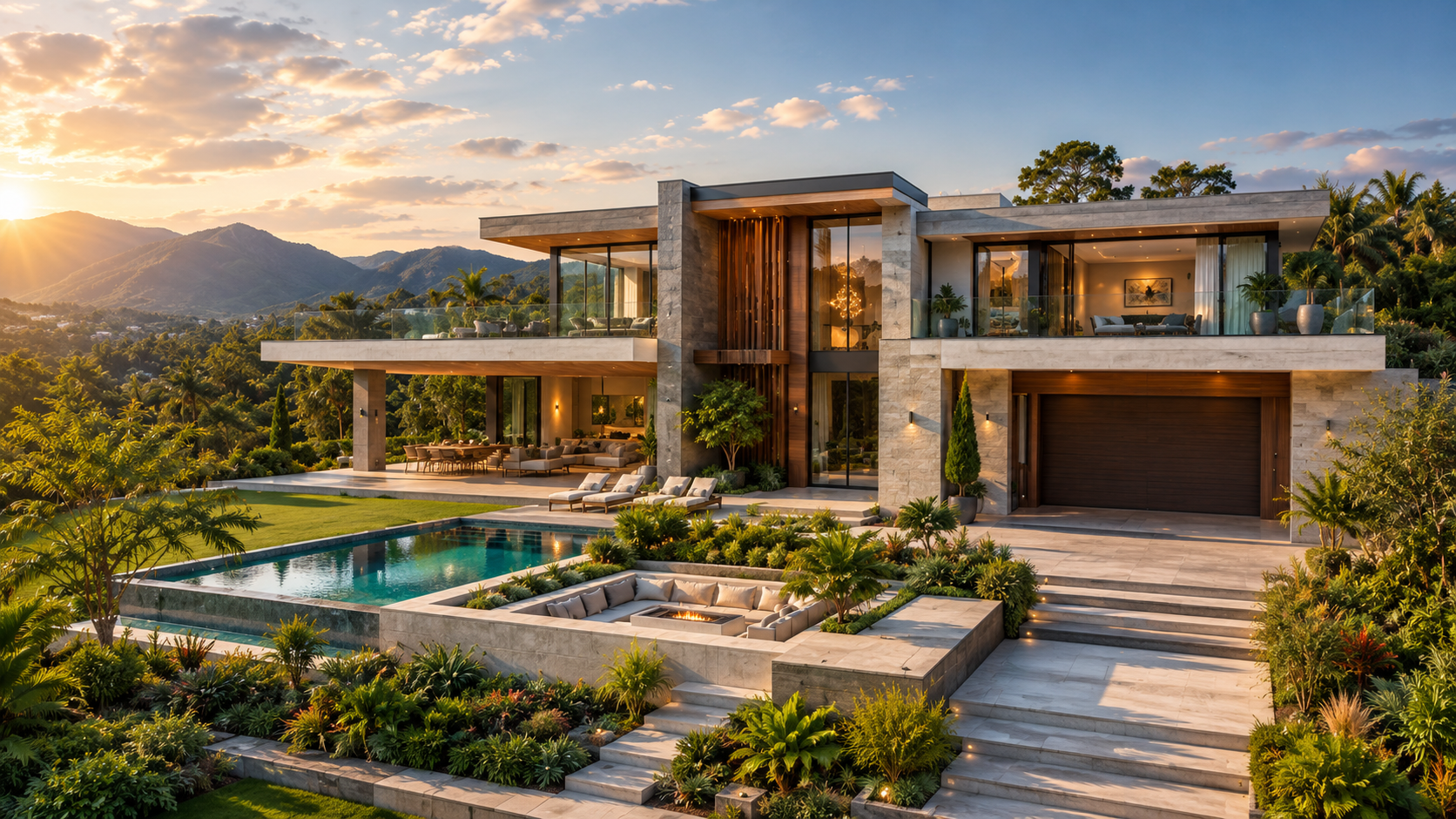 Completed tropical villa with stone terraces, landscaped gardens and an infinity pool