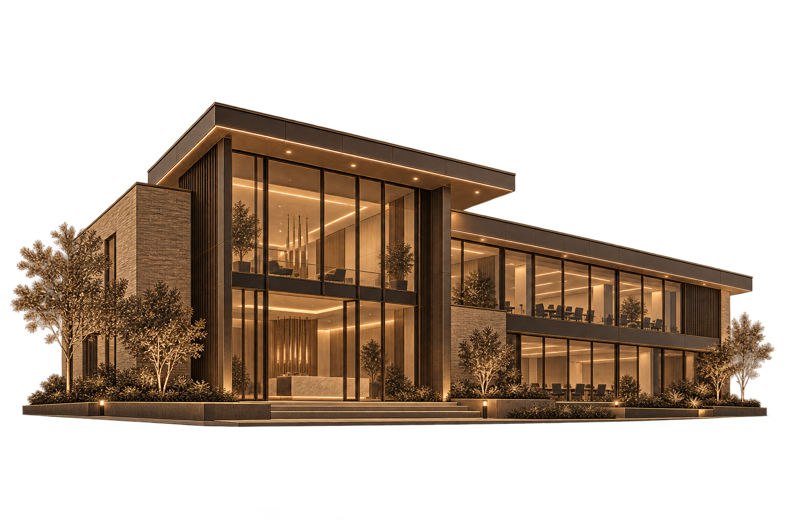 Modern commercial building with stone cladding, full-height glazing and warm interior lighting