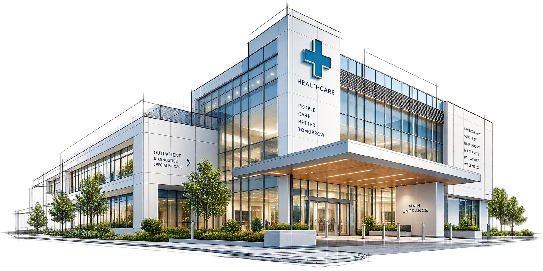 Contemporary healthcare facility with glass entrance and landscaped grounds