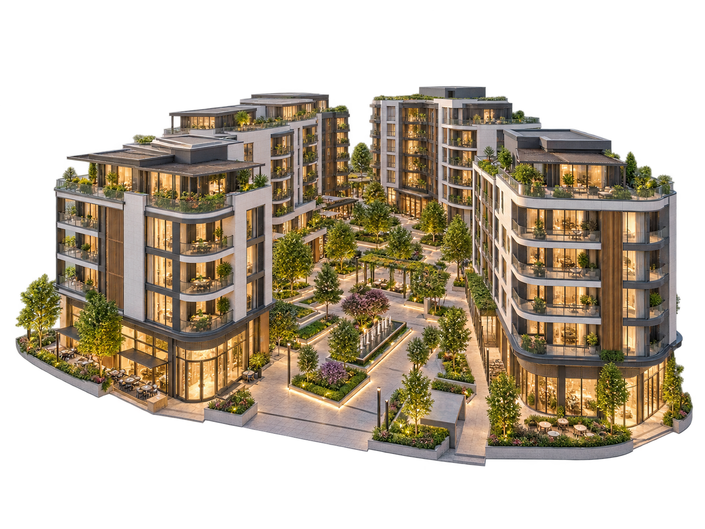Mixed-use property development with landscaped courtyard and residential buildings