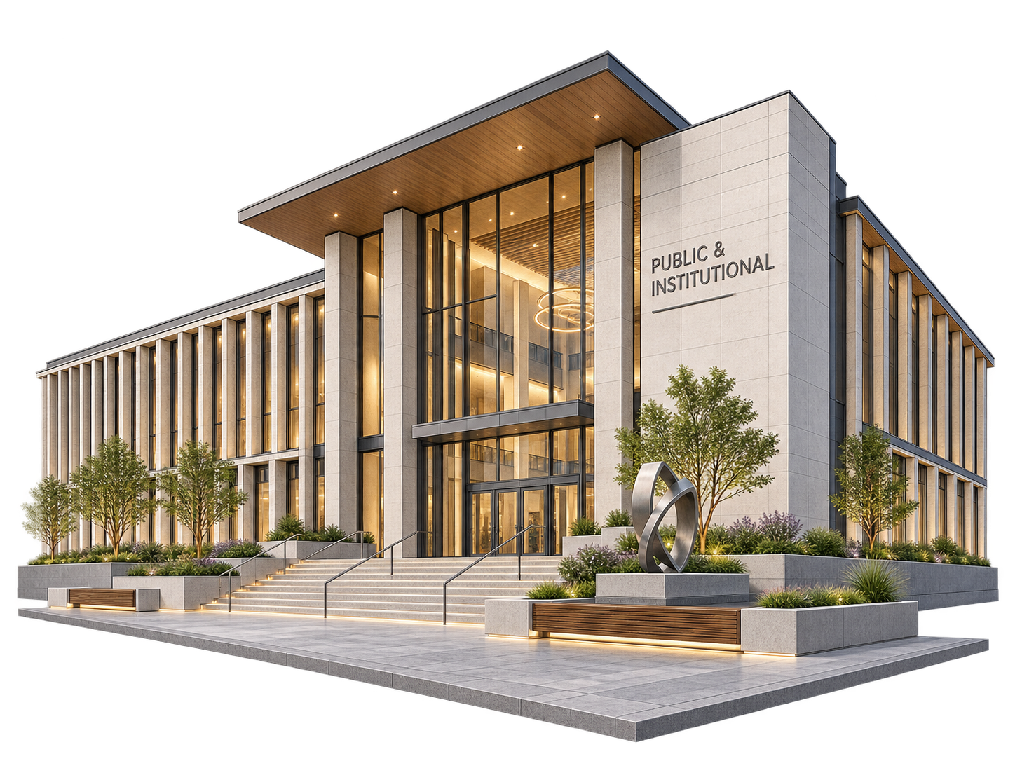 Contemporary public and institutional building with civic entrance and landscaped plaza