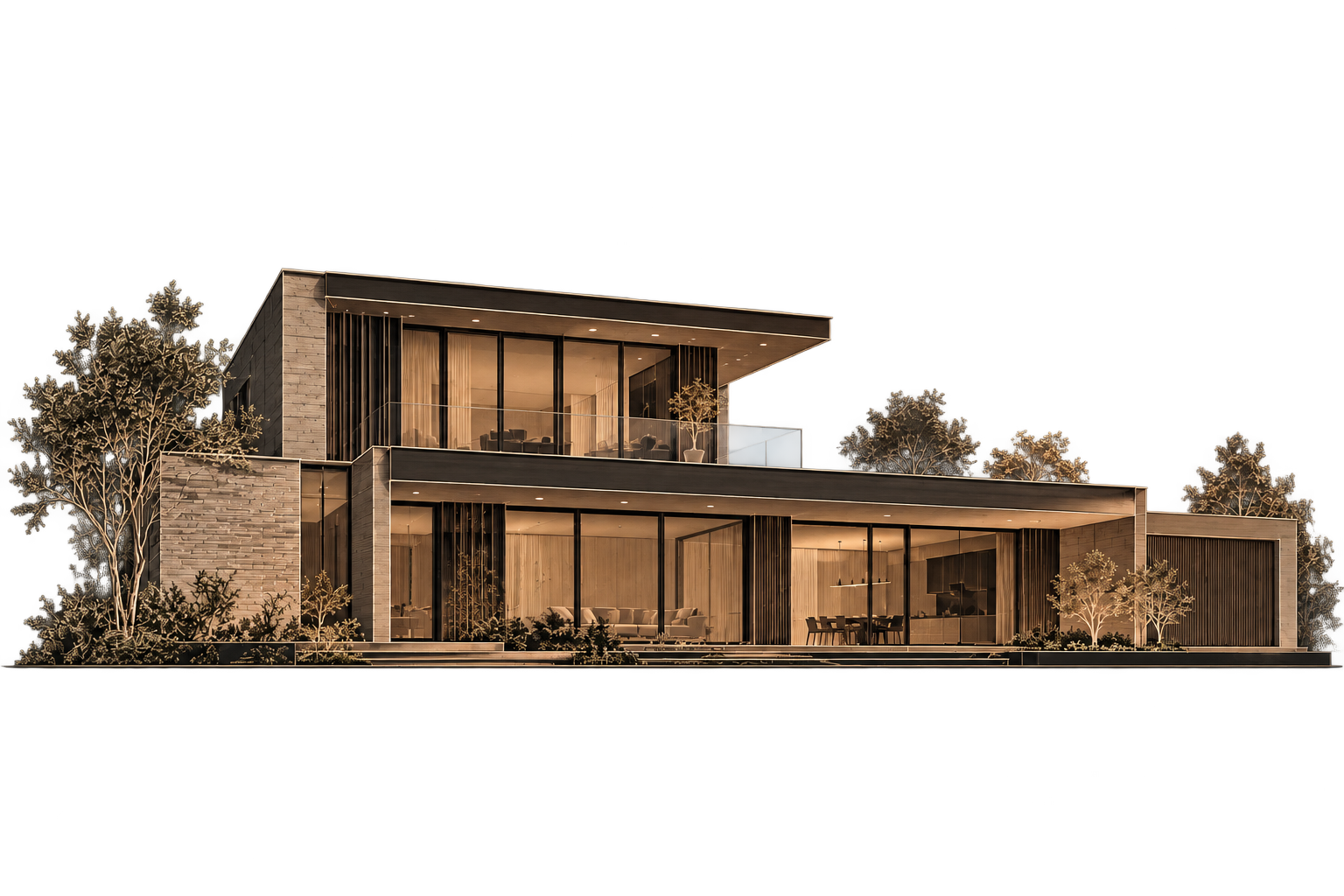 Modern two-storey villa with stone walls, large windows and warm lighting
