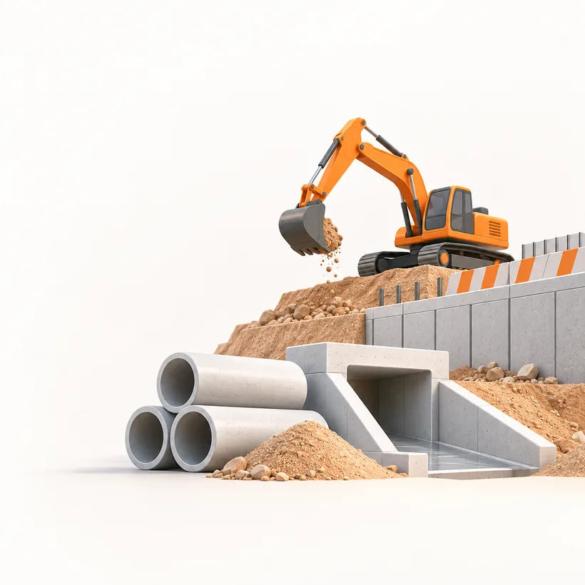 Civil works scene with excavator, drainage pipes and concrete retaining structure