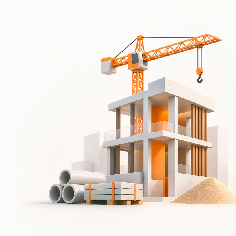 Construction site with tower crane, concrete structure and building materials