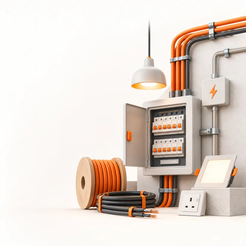 Electrical installation with distribution board, conduit, wiring and pendant light