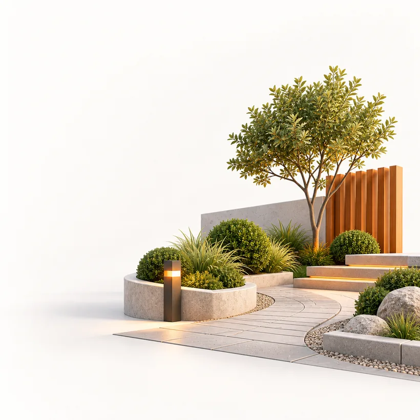 Landscaped external works with planting, curved paving and warm path lighting