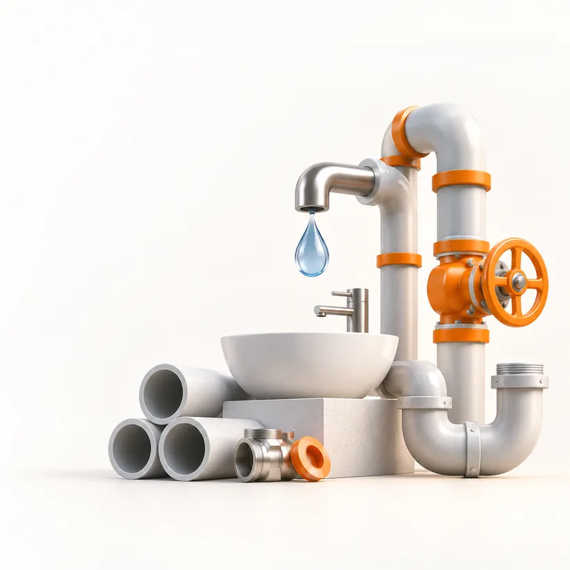 Plumbing installation with pipework, basin, fittings and water drop