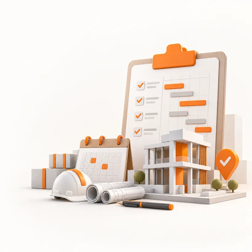 Project management scene with construction schedule, plans, safety helmet and completed building
