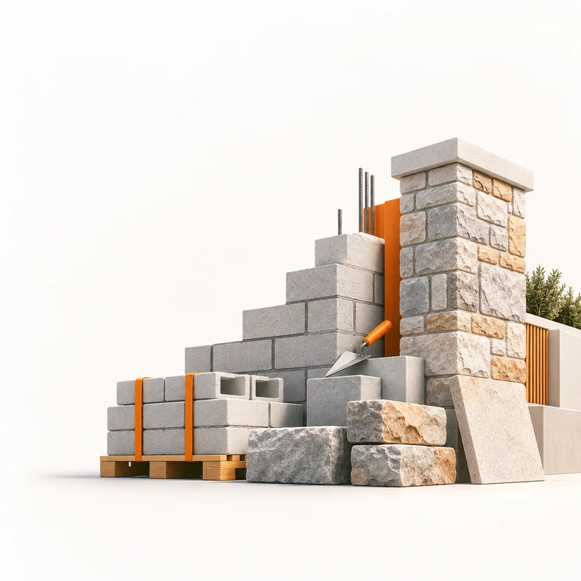 Stone and masonry works with blockwork, dressed stone and construction tools